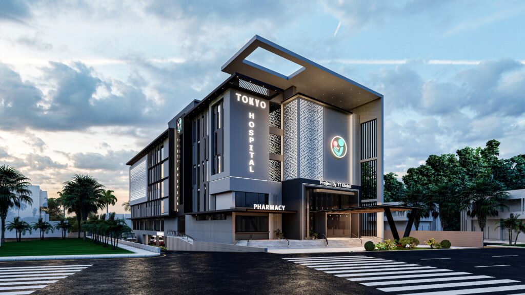 Tokyo Hospital healthcare architectural project showcasing modern hospital exterior façade design.