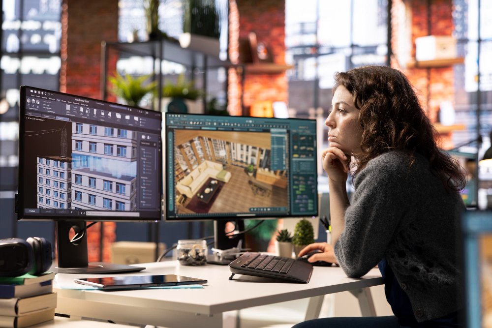 Designer creating realistic 3D architectural visualisation and interior rendering on dual workstation screens.
