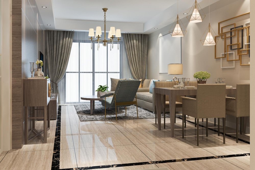 Modern residential interior design featuring dining and living area with elegant lighting and space planning.