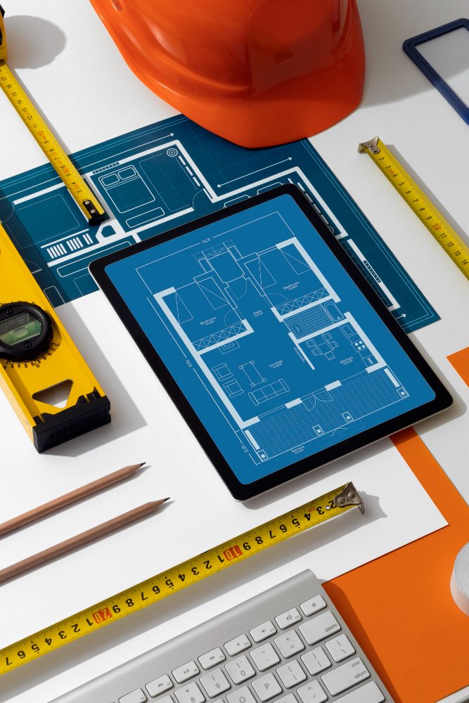 Digital architectural floor plan and 3D visualisation design displayed on tablet with construction planning tools.
