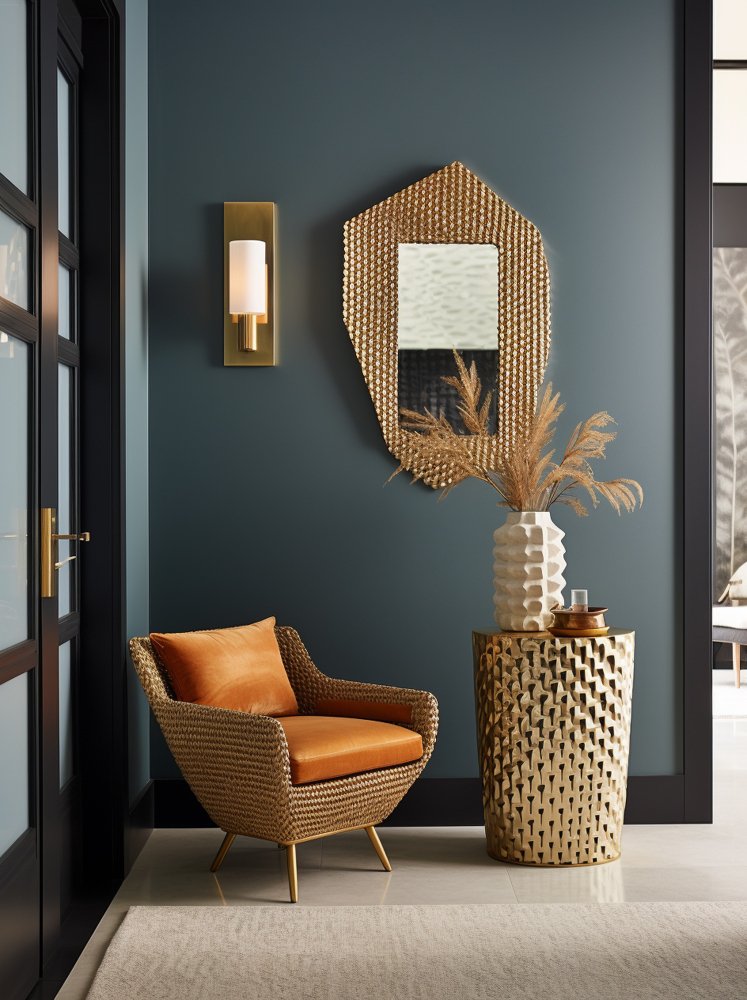 Stylish corner interior design featuring accent chair, decorative mirror, and modern décor elements.