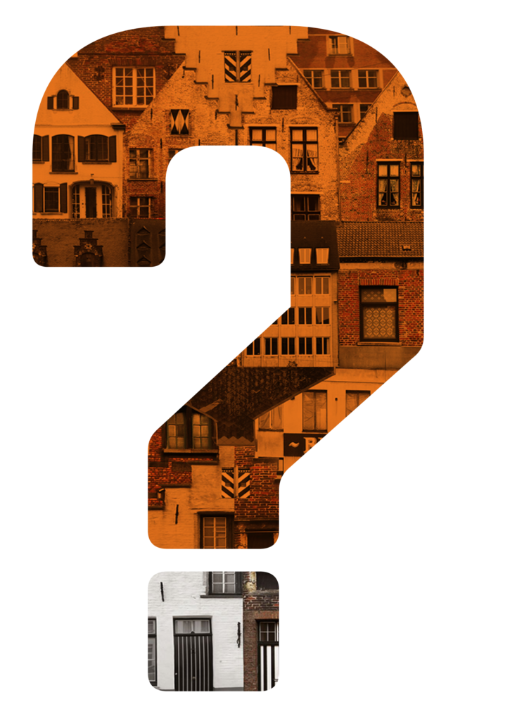 Question mark design filled with residential building facades symbolizing project inquiries.
