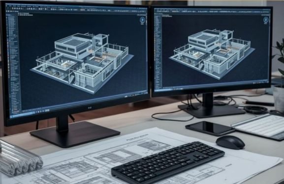 Architectural 3D design and building visualization displayed on dual workstation screens.