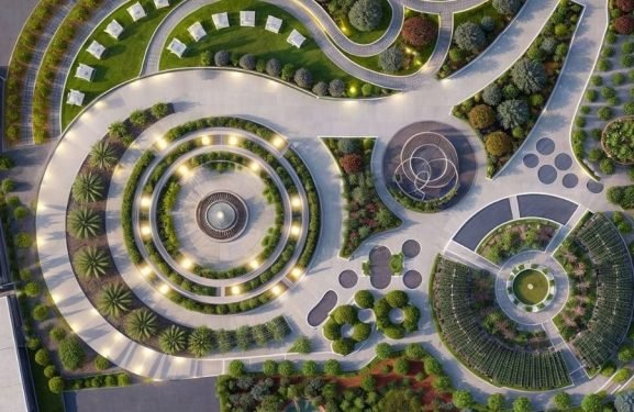 Aerial view of landscape architecture layout featuring circular garden and road design.